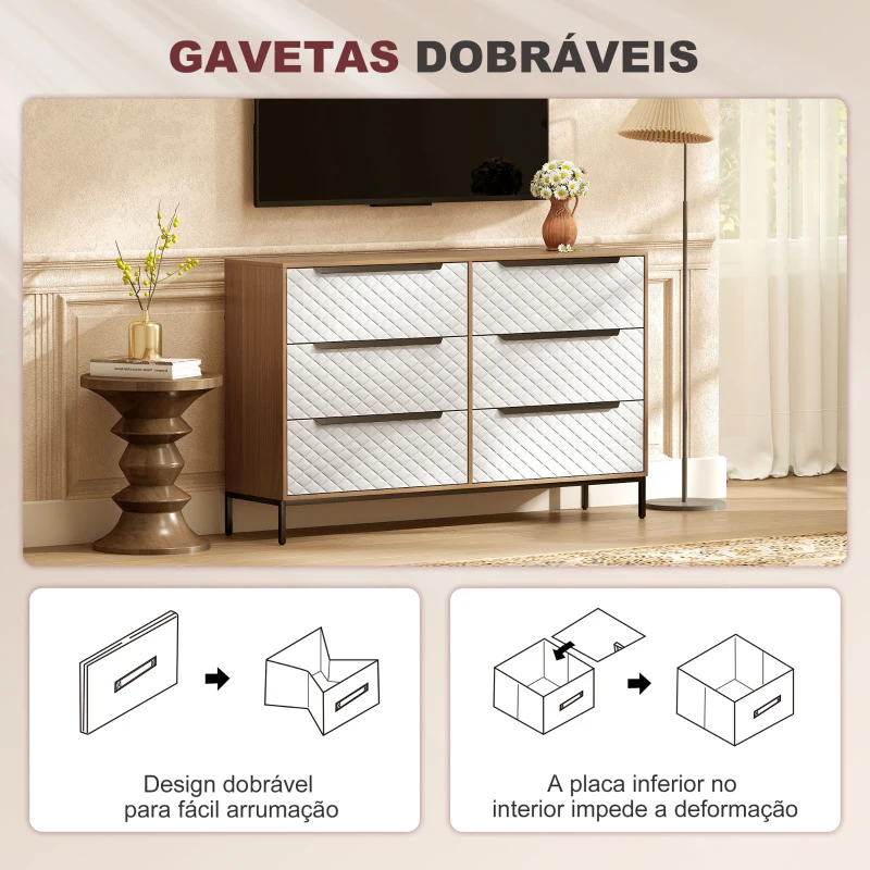 HOMCOM Cómoda com 6 Gavetas de Tecido Frentes com Padrão de Diamante Móvel de Arrumação 117,5x30x73,5 cm Madeira e Branco