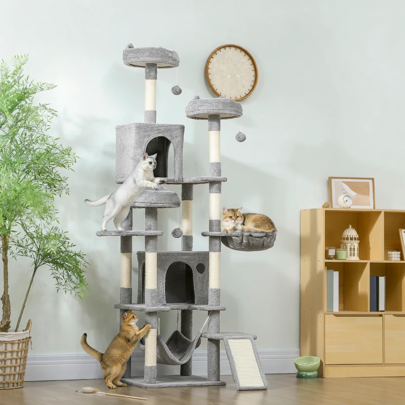 PawHut Arbre à chat tour de jeux pour chat 8 poteaux à griffer 4 plateformes 2 niches  échelle et 3 boules hauteur 192 cm gris