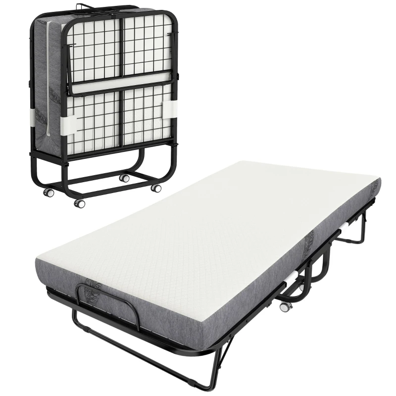 HOMCOM Lit pliant 1 personne 200 x 80 cm avec matelas, lit d'appoint pliable et portable sur roulettes, cadre en acier, blanc