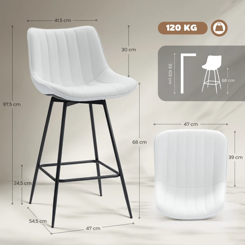 HOMCOM Conjunto de 2 Bancos de Bar Giratórios com Encosto Curvado e Apoio para os Pés Estofados em PU 47x54,5x97,5 cm Branco