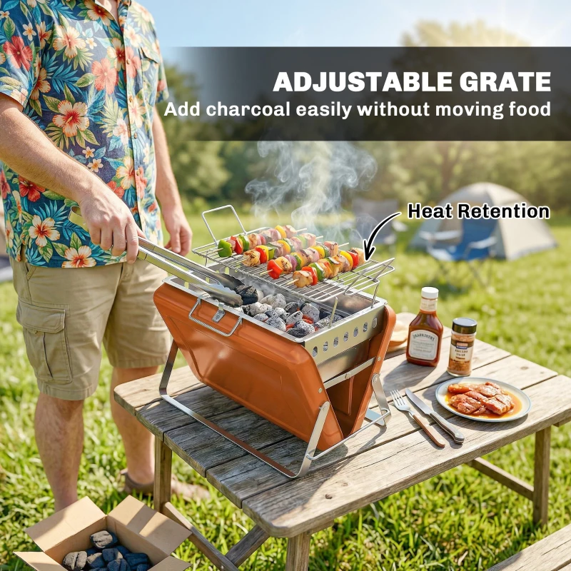 Outsunny Charcoal BBQ Grill Portable Stainless Steel Barbecue with Tilting Grate for Camping Picnic Garden Orange