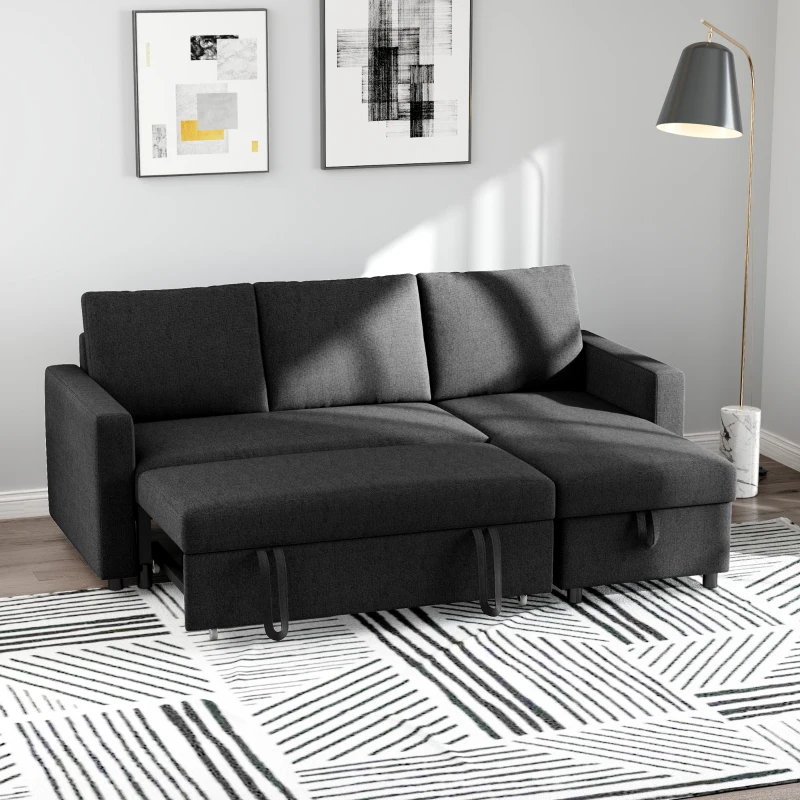 HOMCOM Canapé d'angle convertible modulable avec méridienne réversible, coffre de rangement et 3 coussins de dossier, noir