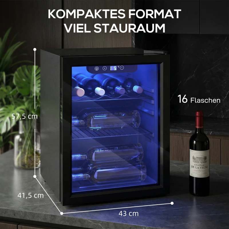 HOMCOM Wijnkoeler voor 16 flessen, 48 L capaciteit, 4–16°C, Onderbouw koelkast voor drankjes en bier, met glazen deur, LED-verlichting