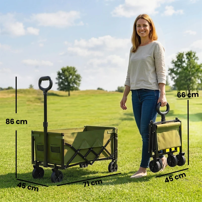 Outsunny 60L Foldable Festival Trolley on Wheels, Collapsible Wagon Cart with Drop-Down Tailgate, Adjustable Handle, Green