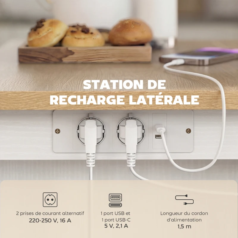 HOMCOM Îlot de Cuisine avec Station de Charge, Chariot de Cuisine à Roulettes avec Plan de Travail Rabattable, 2 Tiroirs, Blanc
