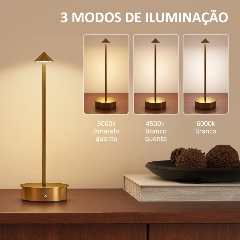 HOMCOM Conjunto de 2 Candeeiros de Mesa Recarregáveis por USB Reguláveis com Controlo Táctil 3000K/4500K/6500K Ø10x30 cm Dourado