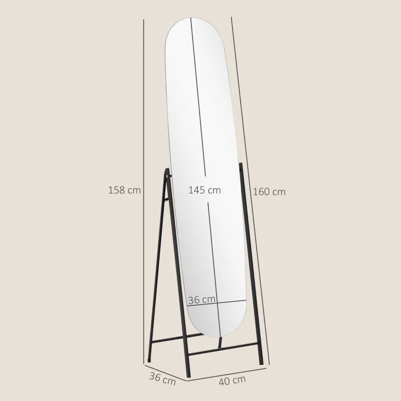 HOMCOM Espelho de Pé Arqueado 160x40 cm Espelho de Corpo Inteiro sem Moldura com Suporte de Metal Preto