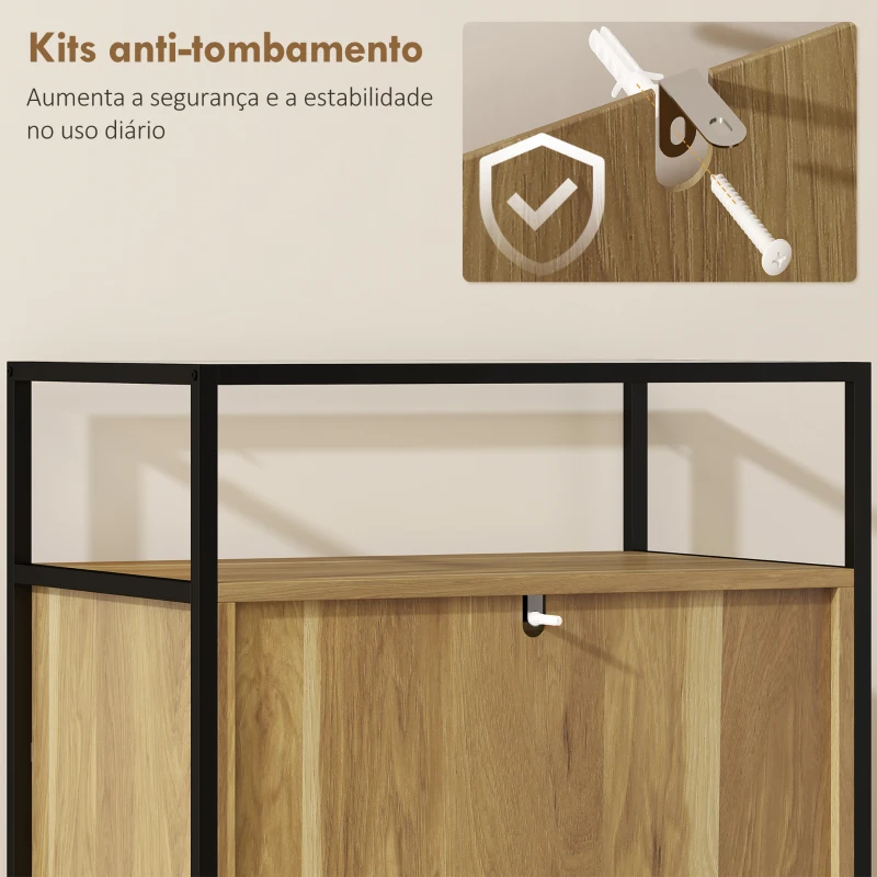 HOMCOM Cómoda 4 Gavetas Cómoda Quarto com Superfície de Vidro Temperado Prateleira Aberta Estrutura de Aço 60x40x94,5 cm Teca