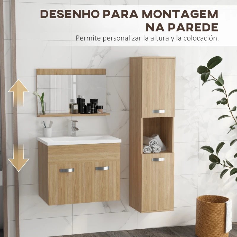 kleankin Conjunto de Móveis Casa de Banho 3 Peças com Espelho Móvel com Lavatório Cerâmico e Coluna de Casa de Banho Madeira