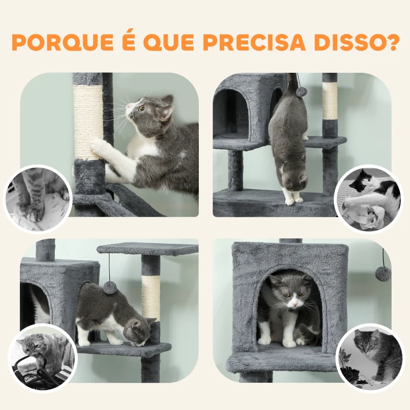 PawHut Arranhador para Gatos com Plataformas Plataformas Caverna Postes de Sisal Bolas e Corda para Brincar 60x48x202 cm Cinza