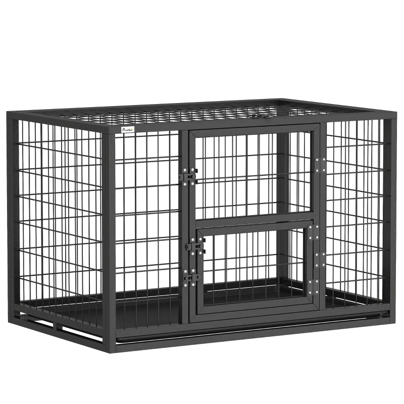 PawHut Cage pour Chien Robuste Niche Chien Intérieur Toit Ouvrant et Porte de Nourrissage Acier 94 x 60 x 64 cm Noir