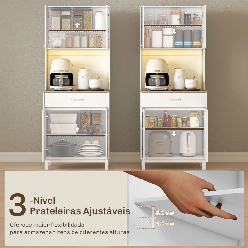 HOMCOM Armário de Cozinha com Luzes LED e Estação de Carregamento Móvel Auxiliar de Cozinha com 4 Portas Gaveta 71x40x180 cm Branco