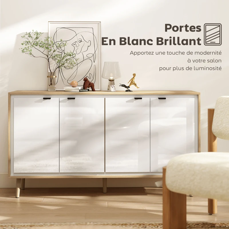 HOMCOM Buffet à haute brillance, meuble de rangement avec 4 portes, étagères réglables, 141 x 35 x 77 cm, blanc et chêne