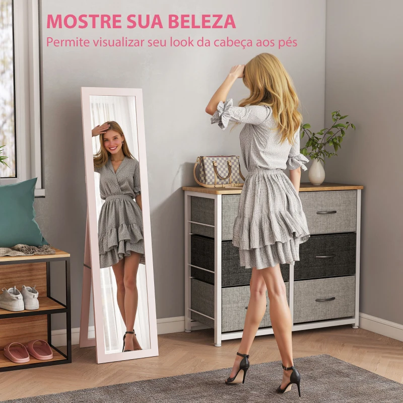 HOMCOM Espelho de Pé 37x155 cm Espelho de Corpo Inteiro Espelho de Parede Retangular com Estrutura de Madeira Rosa Claro