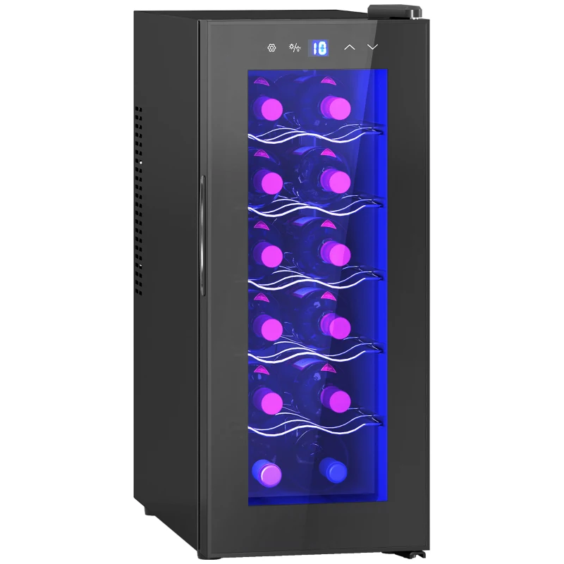 HOMCOM Cave de Vinhos 12 Garrafas com Dupla Refrigeração Termoelétrica Temperatura Ajustável 8-18℃ Porta de Vidro Anti-UV Ecrã LED Luz Interior Preto