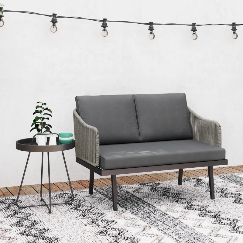 Outsunny Canapé de jardin 2 places avec coussins en résine tressée, canapé d'extérieur cadre en acier 110 x 70 x 72 cm gris foncé