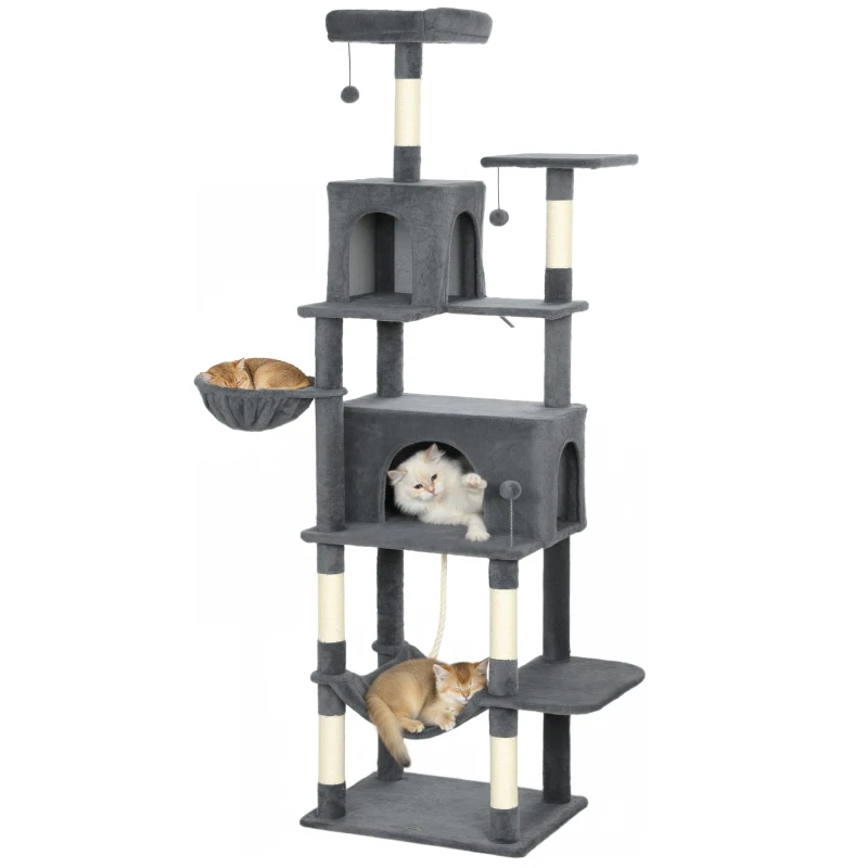 PawHut Arranhador para Gatos com Plataformas Plataformas Caverna Postes de Sisal Bolas e Corda para Brincar 60x48x202 cm Cinza