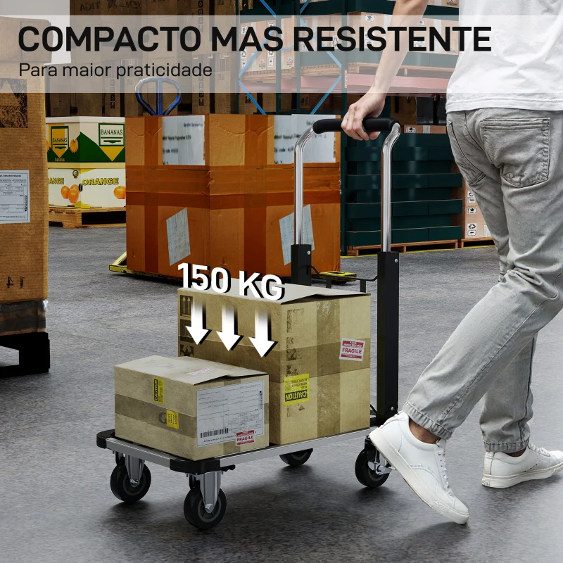 HOMCOM Carro de Transporte Dobrável de Alumínio com Rodas Plataforma Extensível e Pega Ajustável  71,5x42x95 cm Prata e Preto