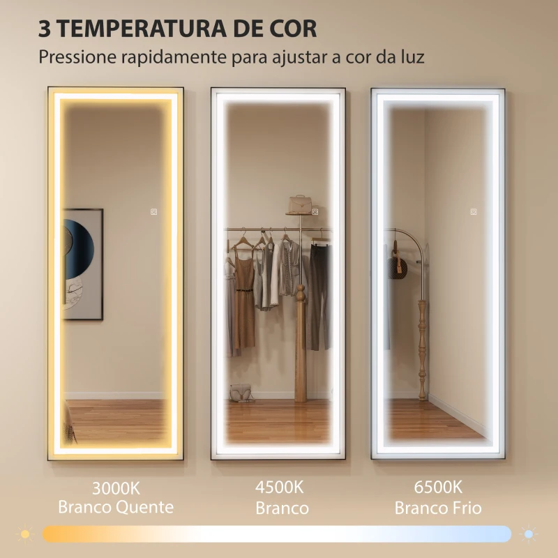 HOMCOM Espelho de Pé  com Luzes 165x60 cm 3 Temperaturas de Cor Brilho Ajustável Independente ou de Parede Branco e Preto