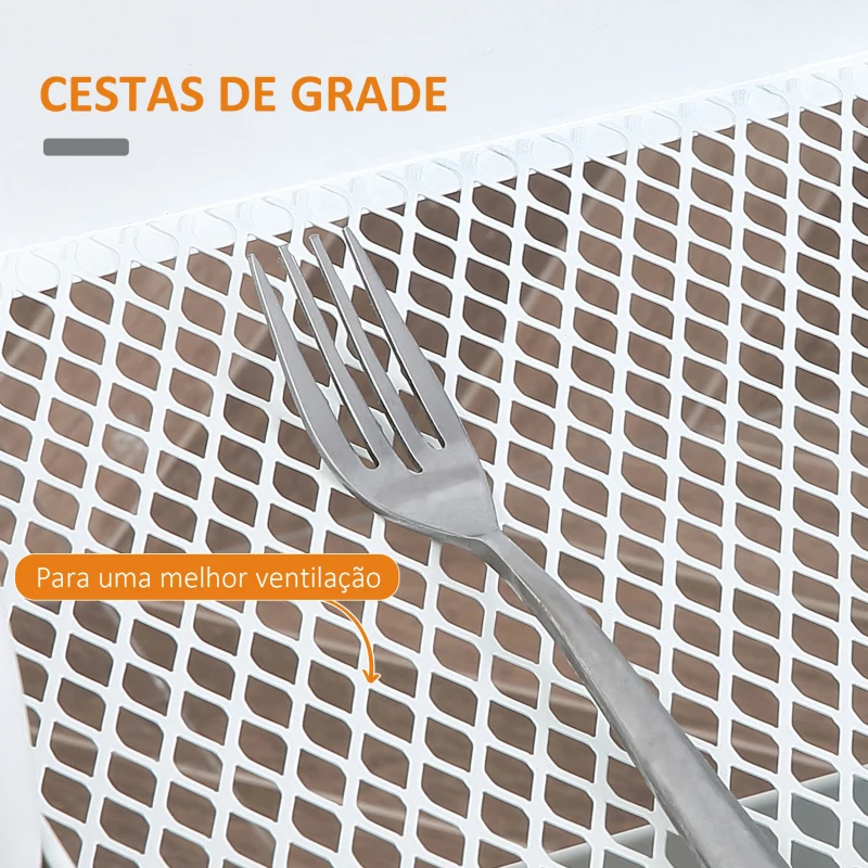 HOMCOM Carrinho Auxiliar com Rodas de 3 Níveis Carrinho de Cozinha com 3 Cestas de Aço e 1 Bancada de Madeira 45x31x79,4 cm Branco