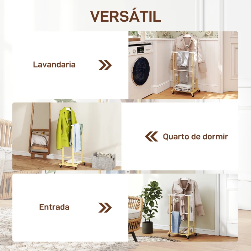 HOMCOM Cabide de Pé de Bambu com Rodas Cabide para Roupas com Barras para Calças e Prateleira Inferior para Sapatos Estilo Nórdico 47x33,7x105,5 cm Madeira e Branco