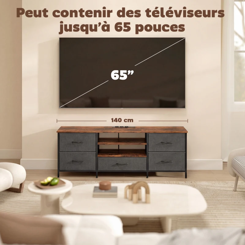 HOMCOM Meuble TV 140 cm, meuble télé 65 pouces, station de charge, 5 tiroirs en tissu, étagères ouvertes, 140x30x50cm, marron