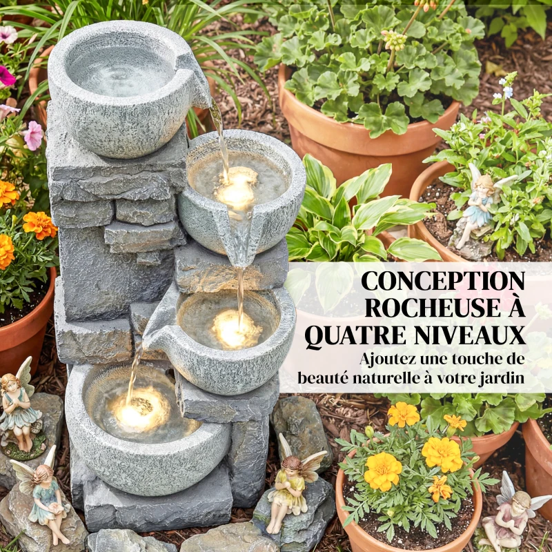 Outsunny Fontaine de Jardin Cascade 4 Niveaux Décoration Effet Pierre et Brique avec Éclairage LED 28 x 25 x 54,5 cm Gris