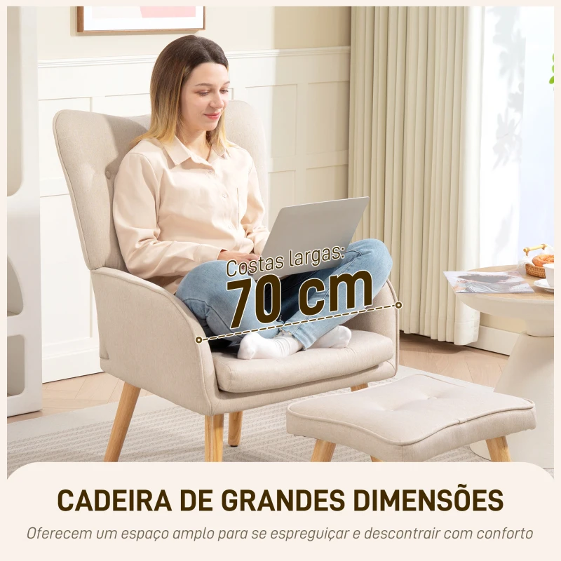 HOMCOM Poltrona com Apoio para Pés Poltrona de Leitura com Capitonê Pés de Madeira e Revestimento em Linho 70x72x94 cm Bege