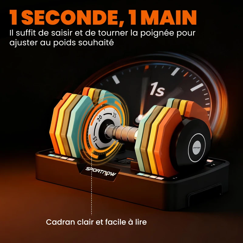 SPORTNOW Haltère réglable 5 à 25 kg avec base de rangement 5 niveaux de poids, poignée antidérapante disques d'haltères octogones