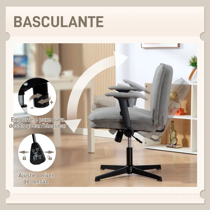 HOMCOM Cadeira de Escritório com Apoios de Braço Rebatíveis Assento  Altura Ajustável  Função Basculante 76x70x85-97 cm Cinzento