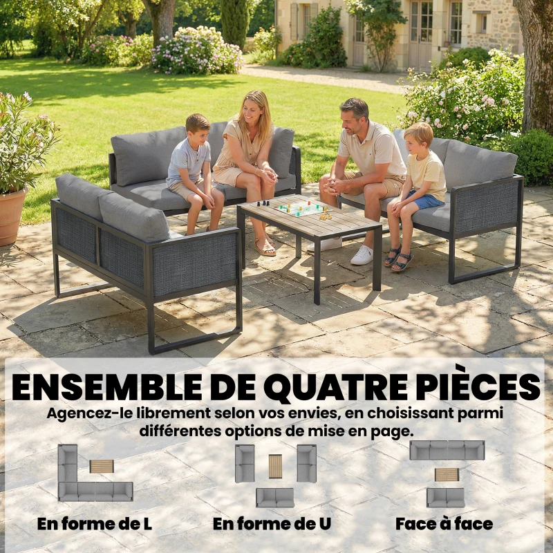 Outsunny Salon de jardin extérieur d'angle modulable 6 personnes, canapés, table basse et coussins, gris foncé