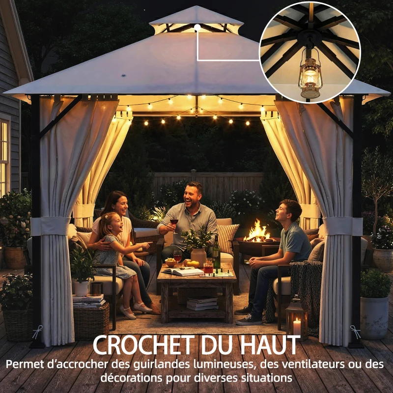 Outsunny Tonnelle de jardin extérieur 3x3m pavillon de jardin, toit double, rideaux, crochets de plafond, cadre en métal, crème