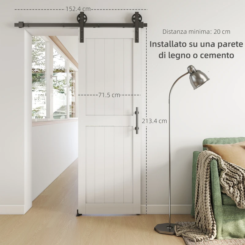 HOMCOM Porta Scorrevole in Stile Country con Binario e Maniglia in Legno e Acciaio, 71.5x213.4 cm, Bianco e Nero