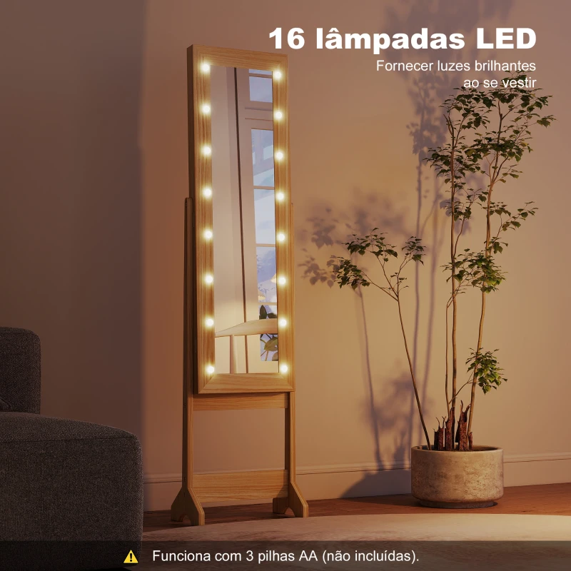 HOMCOM Espelho Joalheiro com Luzes LED Armário para Joias com Ângulo Ajustável Prateleiras Ranuras para Anéis 36x30x136 cm Madeira