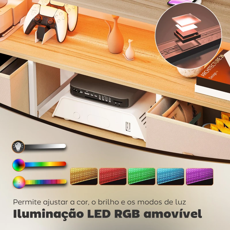 HOMCOM Móvel de TV com Luz LED Tomadas Portas USB 4 Gavetas de Tecido para Televisão até 50 Polegadas 120x30x67,5 cm Bege e Madeira