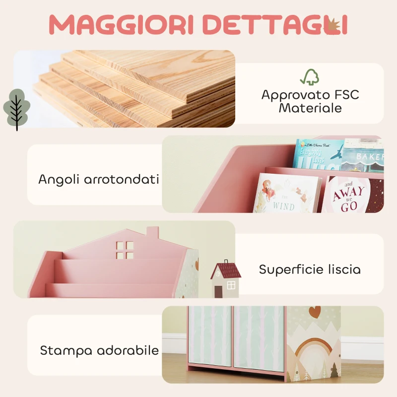 AIYAPLAY Scaffale Portagiochi Bambini in Legno FSC, 2 Contenitori Rimovibili in Tessuto e Ripiani, per Cameretta, Rosa