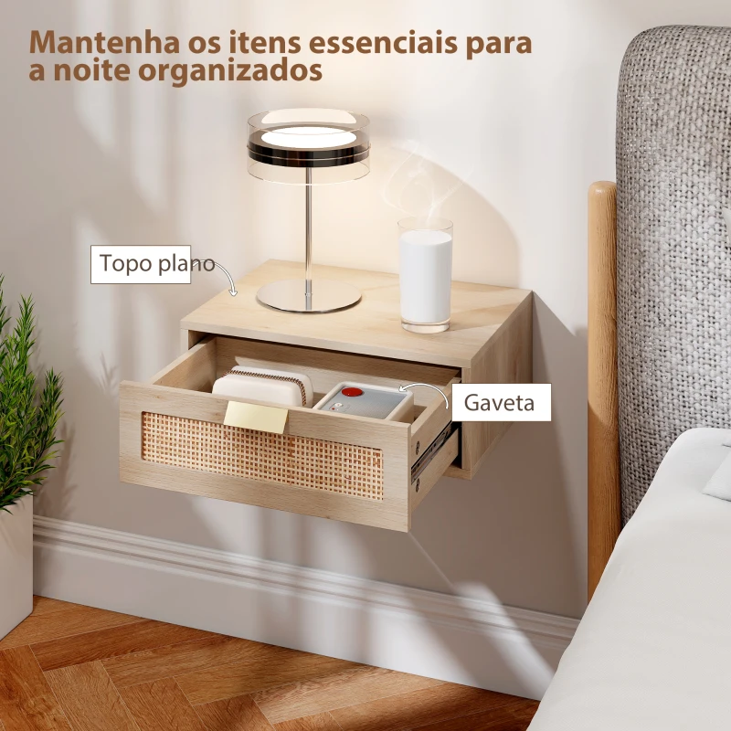 HOMCOM Conjunto de 2 Mesas de Cabeceira Flutuantes com Gaveta de Vime Poupa Espaço Design Moderno 40x30x15 cm Carvalho
