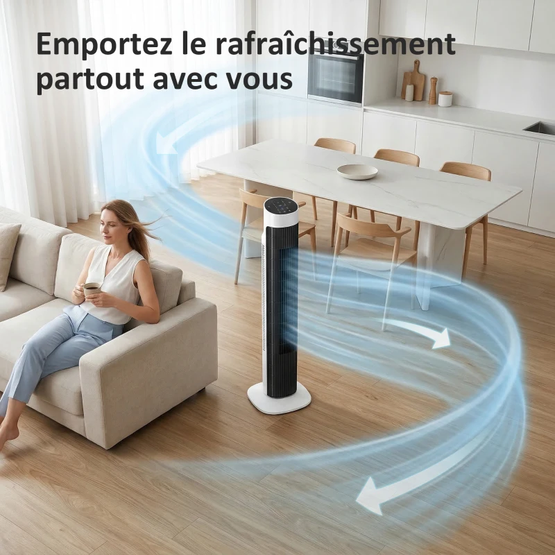 HOMCOM Ventilateur colonne, ventilateur tour pour chambre, oscillant 70°, écran LED, télécommande, minuterie 12H, blanc et noir