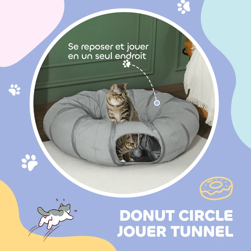 PawHut Tunnel pour chat intérieur rond tunnel avec lit et coussin, pliable, avec trous pour balles et judas, Ø 90 x 27 cm gris