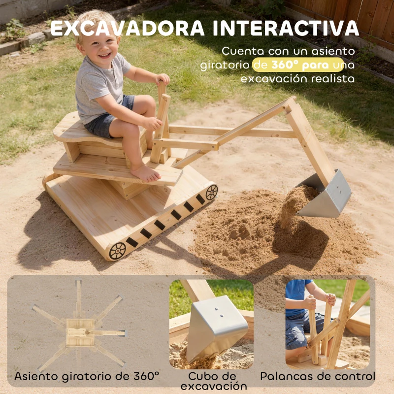 AIYAPLAY Arenero para Niños de Madera con Excavadora Arenero Infantil con Asiento Giratorio 360° y Forro 184x90x56 cm Natural