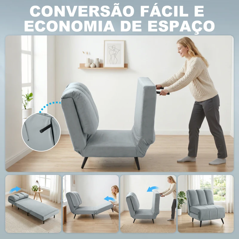 HOMCOM Sofá-Cama Individual 3 em 1 Dobrável com Encosto Ajustável e Almofada Espessa para Sala 72x88x87 cm Cinzento