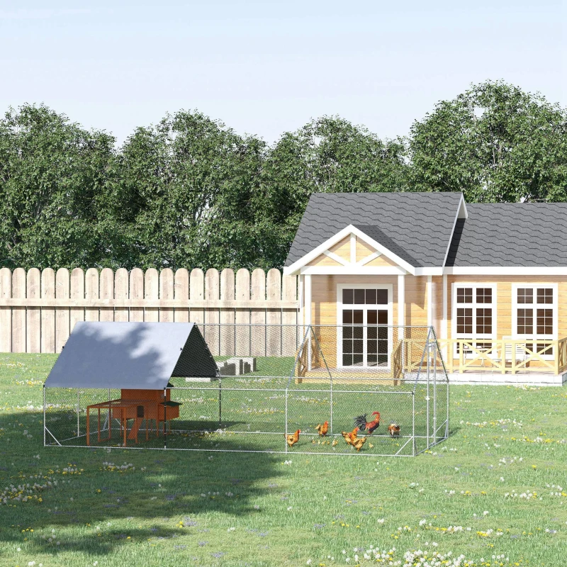 PawHut Enclos poulailler chenil volière extérieur 18 m² - Parc grillagé dim. 3L x 6l x 2H m - Espace Couvert - Acier galvanisé