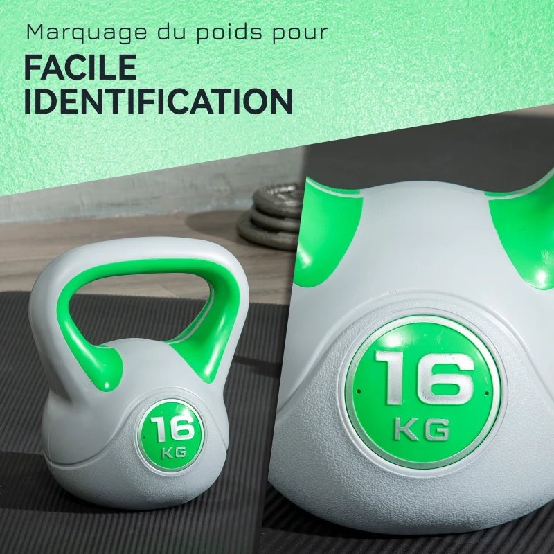 SPORTNOW Kettlebell 16 kg, Haltère avec Poignée Ergonomique, Haltère à Boule, Musculation, Entraînement, 27 x 17 x 31 cm, Vert
