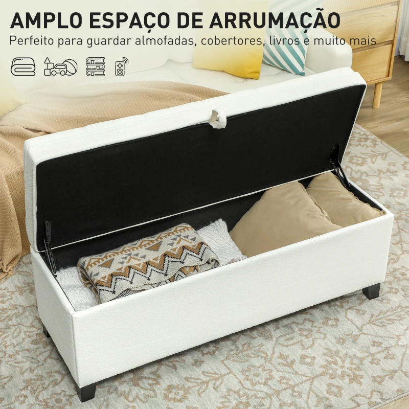 HOMCOM Banco de Armazenamento com 2 Dobradiças de Segurança Tampa Rebatível para Sala de Estar Quarto 120x40x48 cm Creme