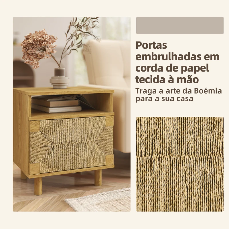 HOMCOM Mesa de Cabeceira Estilo Bohémio com Porta de Corda de Papel Prateleira Aberta e Abertura por Pressão 45x39x50 cm Carvalho