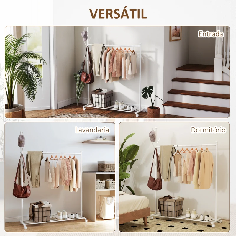 HOMCOM Charriot com Rodas 5 Ganchos Barra para Pendurar e Prateleira Inferior 120x43x171 cm Branco