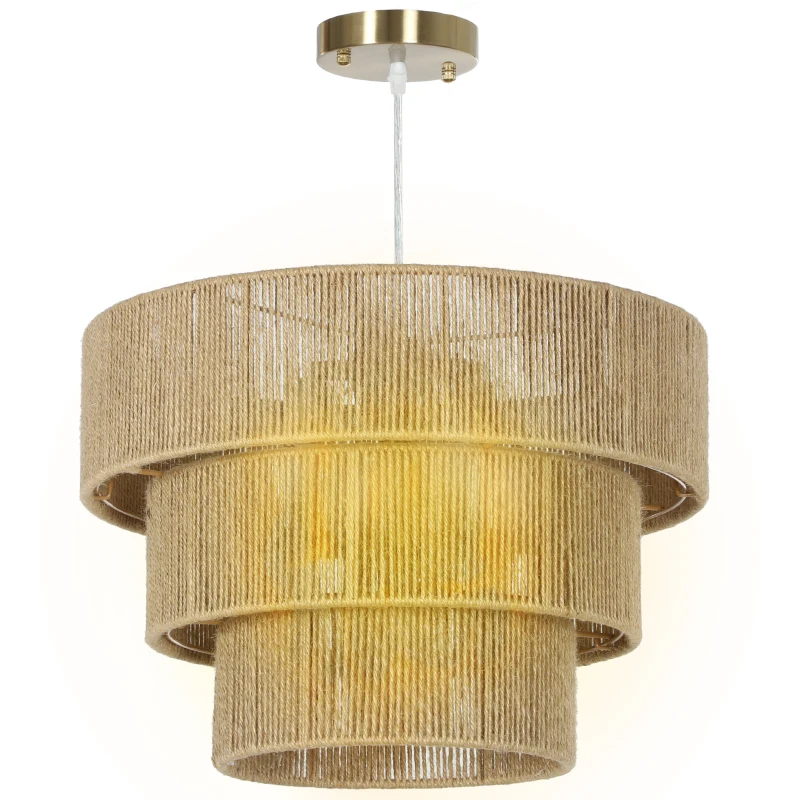HOMCOM Hemp Rope Ceiling Light, 3-Layer Boho Pendant Light, 4 x E14 Vintage Ceiling Lamp Fixtures for Living Room, Bedroom, Kitchen, Hallway, Light Brown