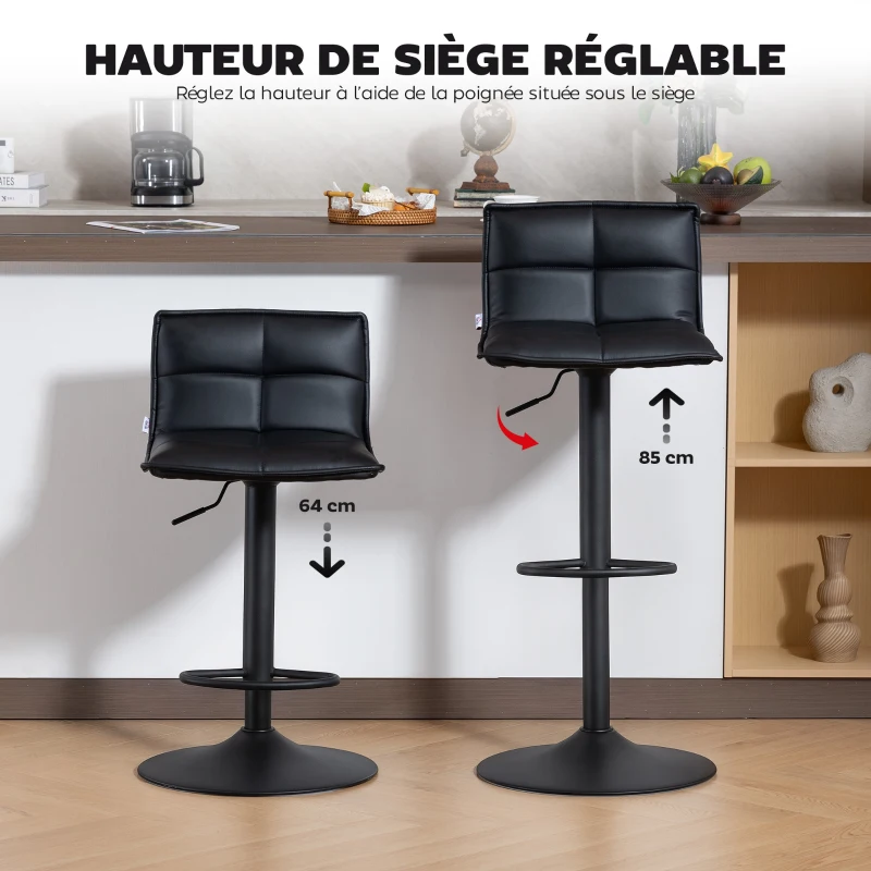 HOMCOM Lot de 2 tabourets de bar, chaises de bar réglable en hauteur avec assise pivotant en PU 44 x 45 x 85-106 cm noir