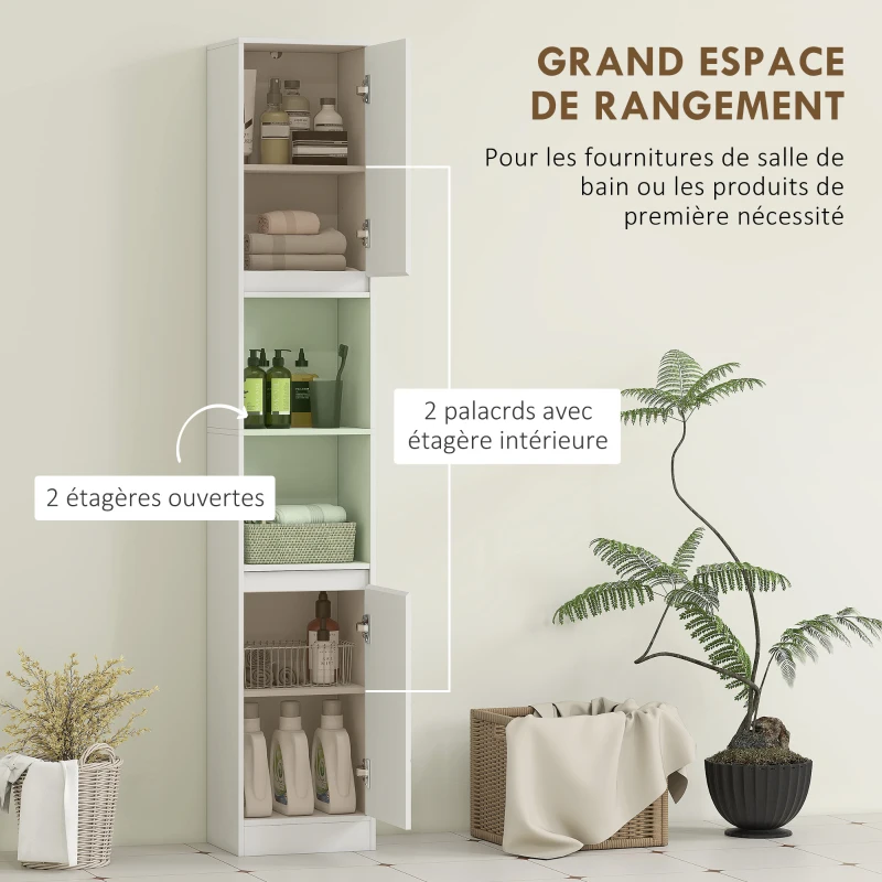 HOMCOM Meuble colonne salle de bain, meuble de rangement avec 2 portes, 2 compartiments ouverts, , 30 x 24 x 170 cm, blanc