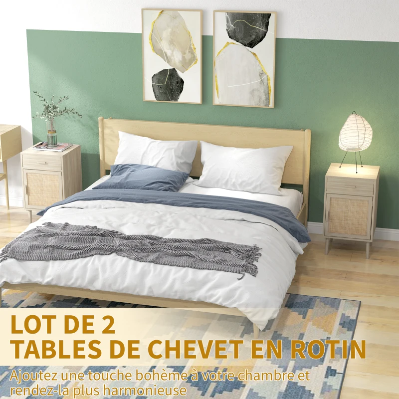 HOMCOM Lot de 2 tables de chevet, tables de nuit avec tiroir et placard, étagère réglable, 40 x 40 x 68,5 cm, chêne